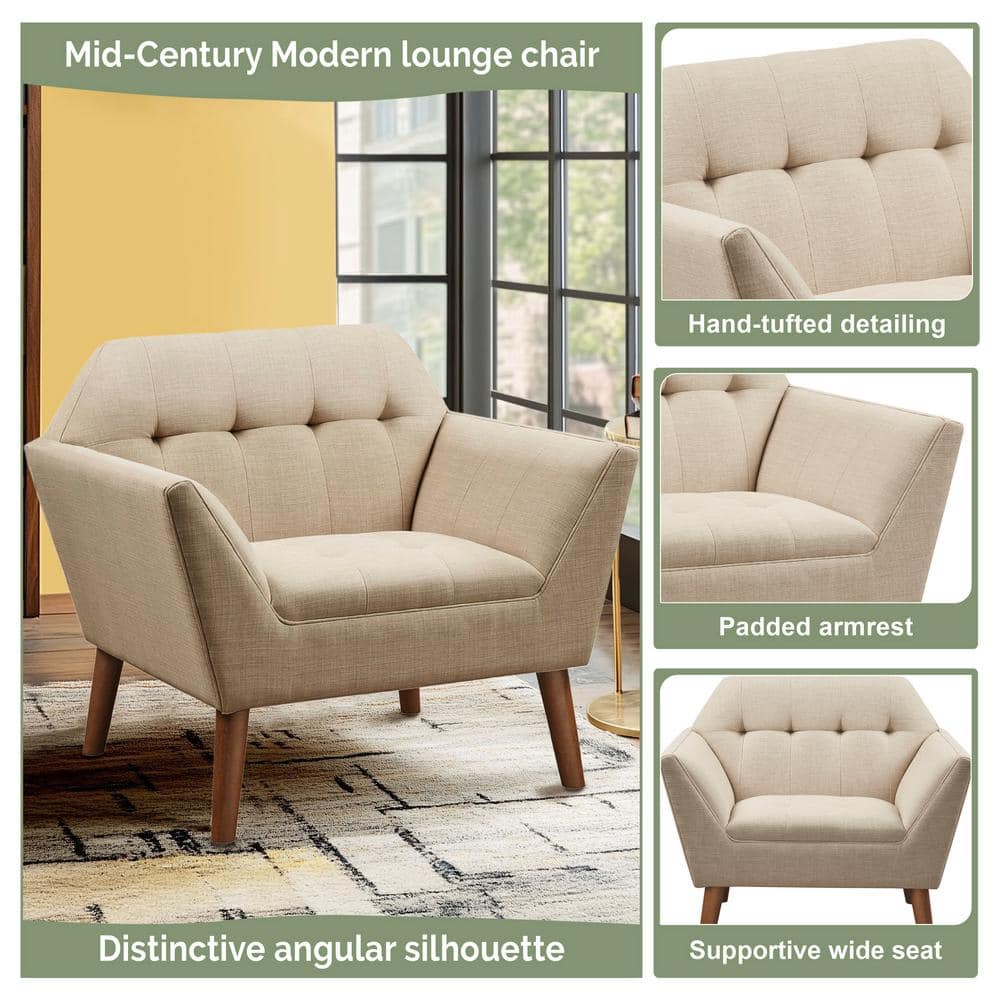 Tan Button Tufted Swivel Accent Chair with Wood Legs