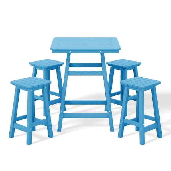 WESTIN OUTDOOR Laguna 5-PC Fade Resistant HDPE Plastic Outdoor Patio Square Counter Height Bistro Set, Matching Barstools Pacific Blue