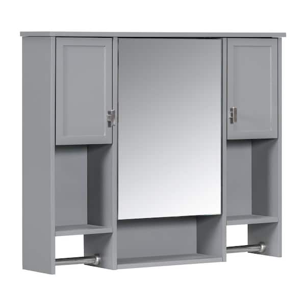 Tatahance 35 in. W x 6.7 in. D x 28.7 in. H Bathroom Storage Wall Cabinet in Gray with Mirror and Towels Bar