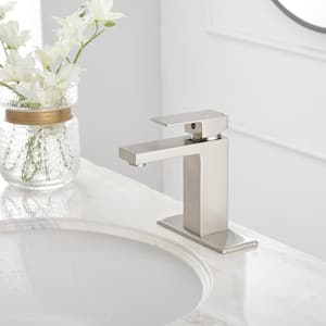 Single Handle Single Hole Bathroom Faucet with Deckplate Included, Pop Up Drain and Water Supply Hoses in Brushed Nickel