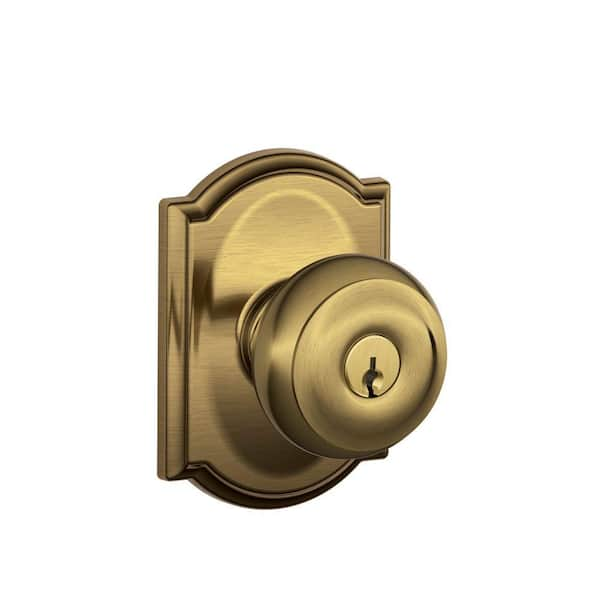 Schlage Georgian Antique Brass Keyed Entry Door Knob with Camelot Trim