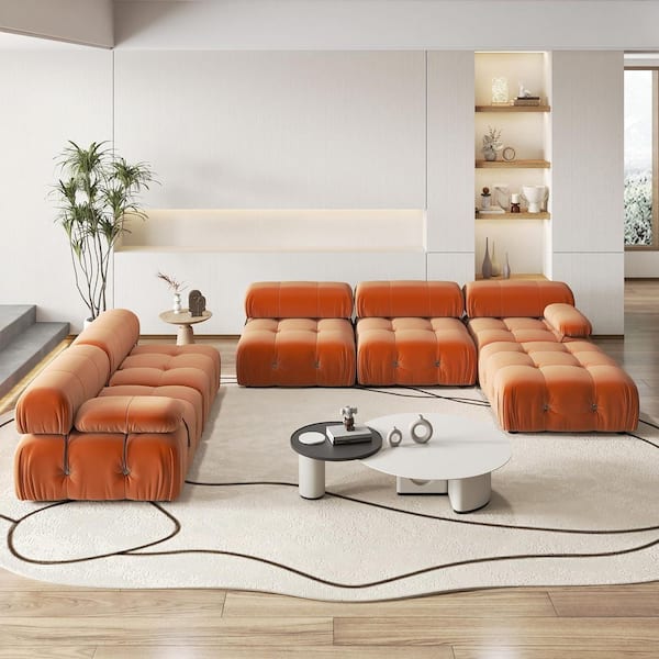 Chameleon 138 in. Square Arm 6-piece Modern Velvet Modular Combination Sectional Sofa Living Room with Ottoman in Orange