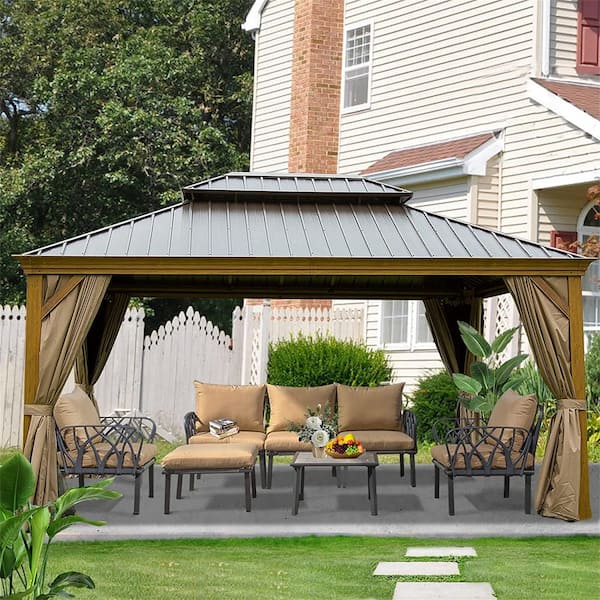 Mondawe 12 ft. x 16 ft. Outdoor Aluminum Frame Patio Gazebo Shelter with Galvanized Steel Hardtop Curtains, Netting for Backyard