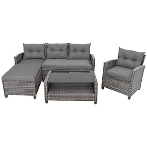 4-Piece Wicker PE Rattan Patio Conversation Set with Gray Cushion and Table Shelf