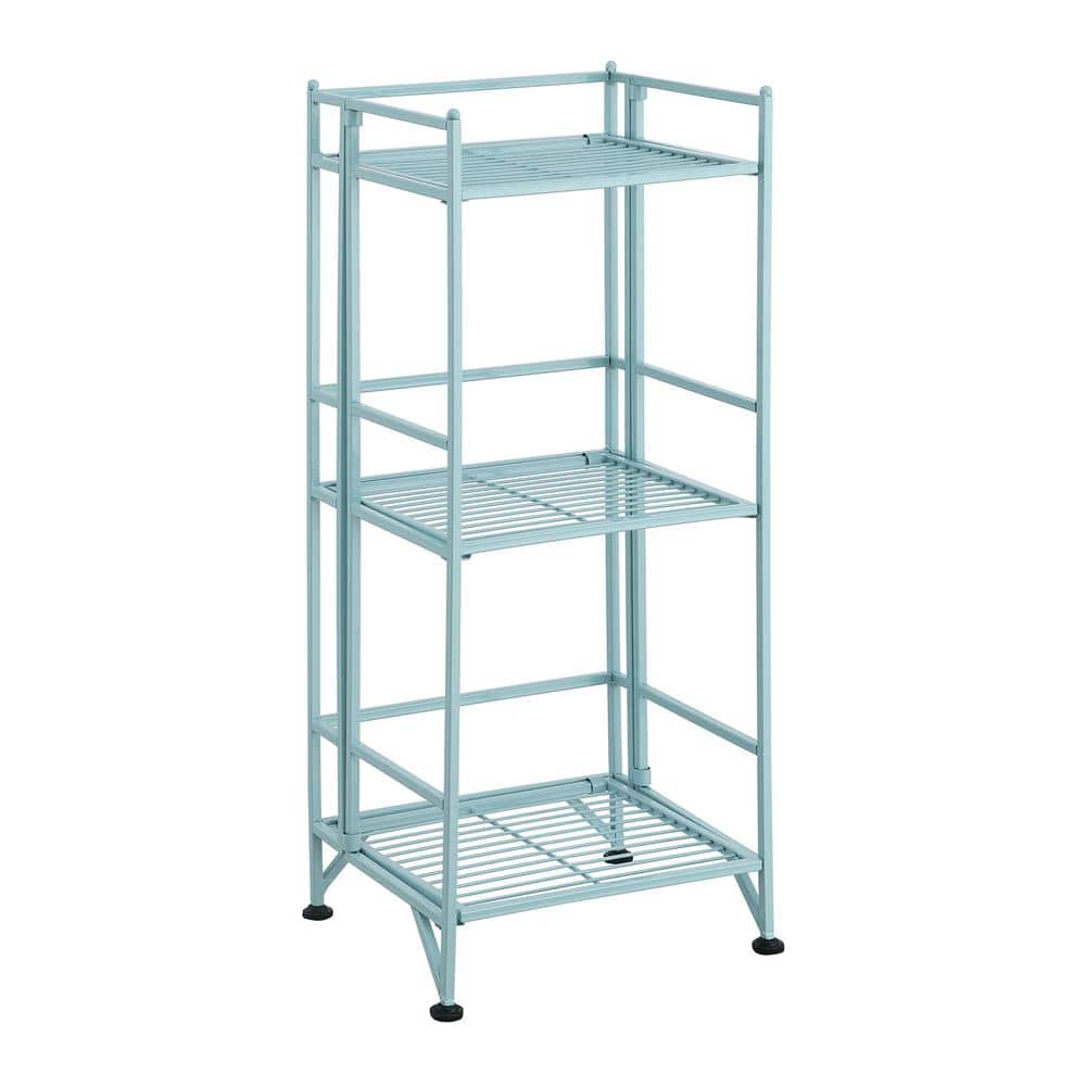 Sea Foam Blue Adjustable 3-Tier Folding Metal Shelf