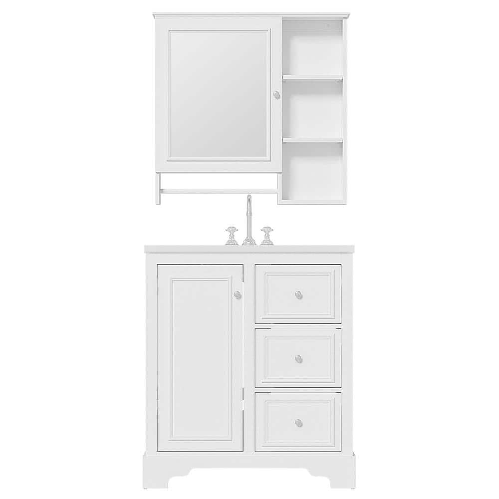 30 in. Freestanding Bath Vanity in White with White Ceramic Single Basin To