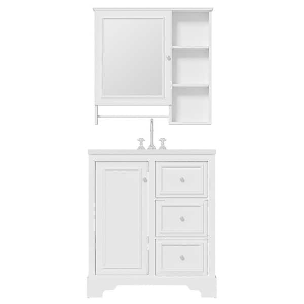 Adrinfly 30 in. Freestanding Bath Vanity in White with White Ceramic Single Basin Top and Mirror 3 Drawers, Adjustable Shelves