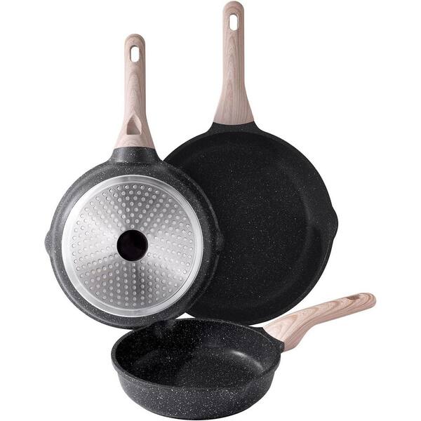 3-Piece Nonstick Frying Pan Set Black Aluminum PFOA-Free Easy-Clean Pour Spout Induction Compatible Skillet Set
