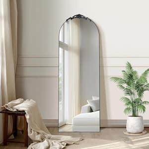 24 in. W x 65 in. H Arch Mirror Black Wood Removable Carved Design Framed Mirror Full Length Floor Mirror