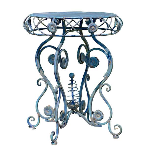 Zaer Ltd. International 25.2 in. Tall Round Iron Accent Table in Antique Blue