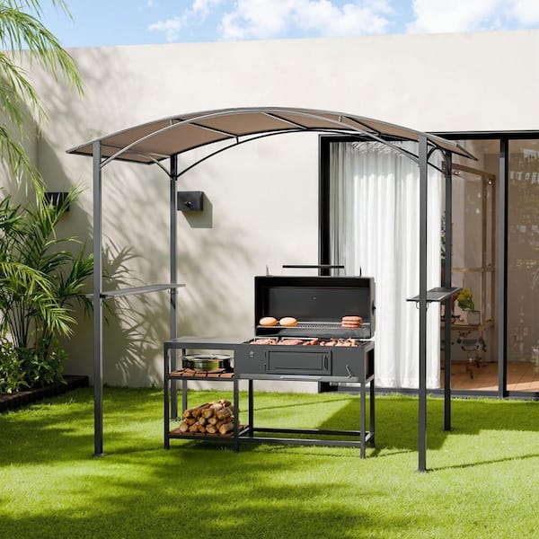 8 ft. x 5 ft. Outdoor Patio Soft Top Grill Gazebo with Ceiling Hook and 2-Side Shelves Brown Canopy BBQ Sunshade Shelter