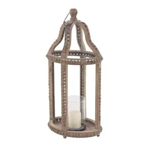 29 in. H Brown Reclaimed Wood Beaded Decorative Candle Lantern