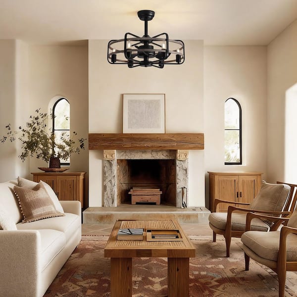 24 in. Indoor Black Farmhouse circular ring Ceiling Fan with Light and Remote, Rustic Caged Chandelier Ceiling Fan