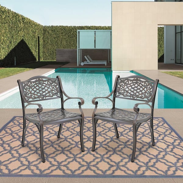 Bronze Unique Back Flower Pattern Cast Aluminum Outdoor Dining Chair (2-Pack)