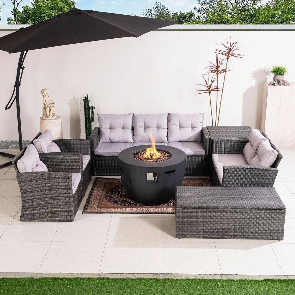 7-Piece Outdoor Patio Fire Pit Conversation Set with Gray Cushions, Deep Seating Sofa, Fire Pit Table and Storage price history on PriceWatchPro