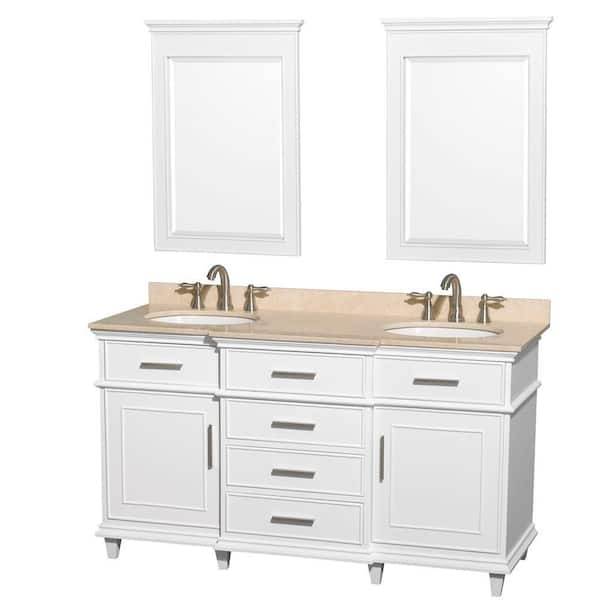 Wyndham Collection Berkeley 60 in. Double Vanity in White with Marble Vanity Top in Ivory, Oval Sink and 24 in. Mirrors