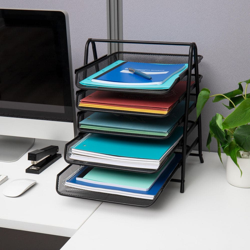Black Metal Mesh 5-Tier Letter Tray Organizer Set of 2