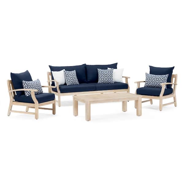 RST BRANDS Kooper 4-Piece Wood Patio Conversation Deep Seating Set with Sunbrella Navy Blue Cushions