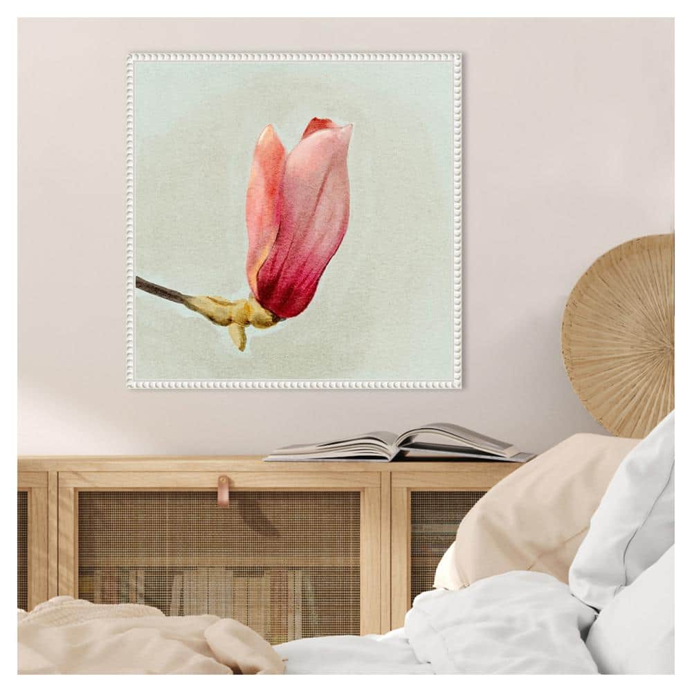 Magnolia Bud I White Floater Frame Canvas Wall Art