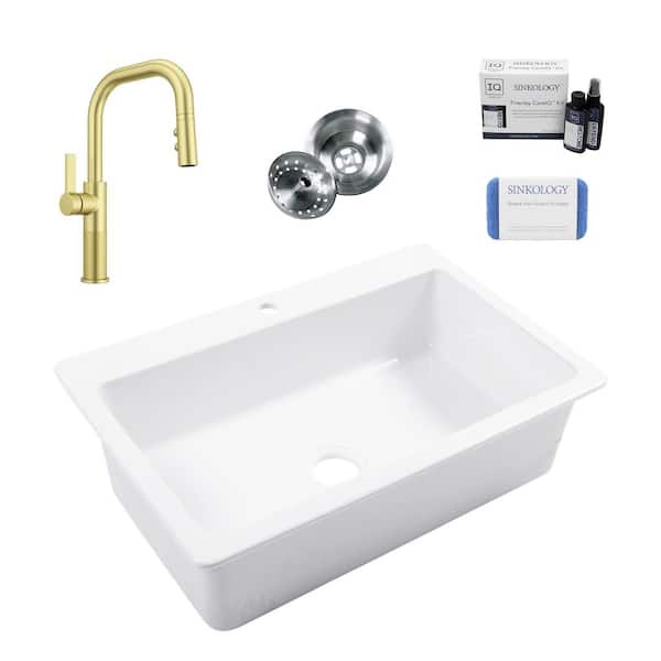 SINKOLOGY Jackson 33 in. 1-Hole Drop-In Single Bowl Crisp White Fireclay Kitchen Sink with Montay Gold Faucet Kit