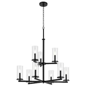 Crosby 32.5 in. 9-Light Black 2-Tier Contemporary Candlestick Cylinder Chandelier for Dining Room