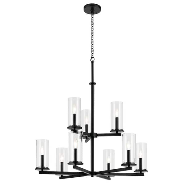 Crosby 32.5 in. 9-Light Black 2-Tier Contemporary Candlestick Cylinder Chandelier for Dining Room
