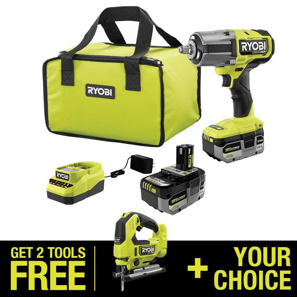 RYOBI ONE+ HP 18V Brushless Cordless 1/2 in. High Torque Impact Wrench Kit w/ (2) 4.0 Ah Batteries, Charger, & Jig Saw -  PBLIW01PBLJS01