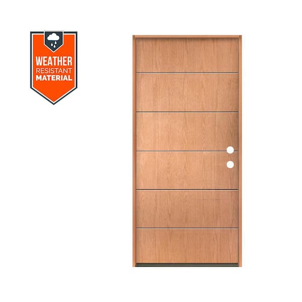 TETON Modern 36 in. x 79 in. Left-Hand/Inswing 6-Grid Solid Panel Teak Stain Fiberglass Prehung Front Door