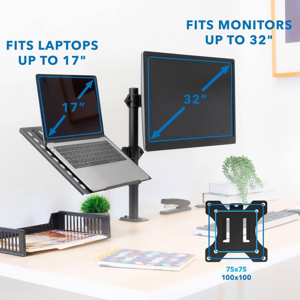 Adjustable Black Dual Laptop and Monitor Desk Mount with Ventilated Tray