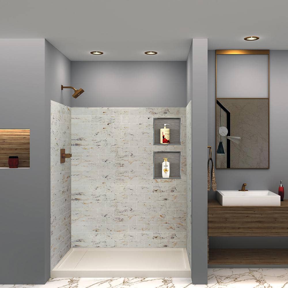 SaraMar 36 in. x 60 in. x 72 in. 3-Piece Easy Up Adhesive Alcove Shower Wall Surround in Biscotti Marble price history on PriceWatchPro
