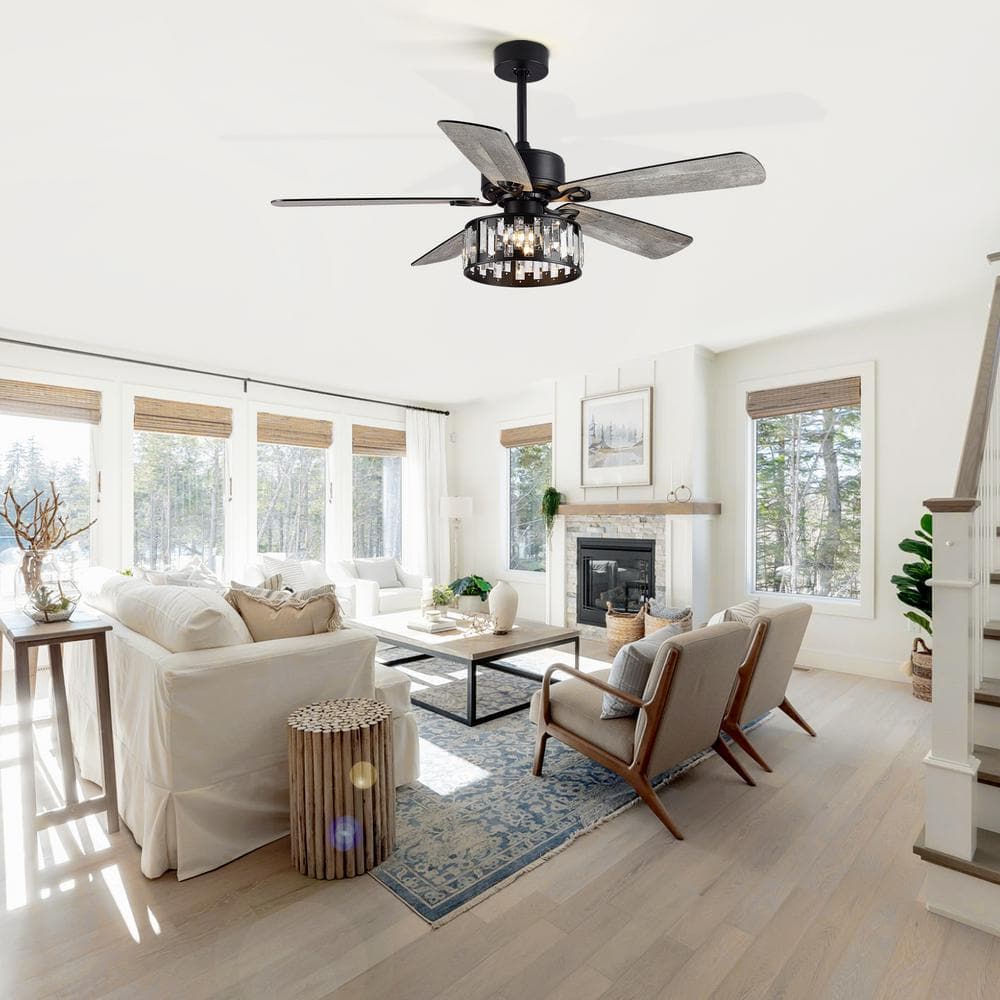 52" Black Crystal Chandelier Ceiling Fan with Remote and Reversible Blades