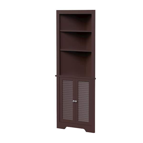 Wood Tall Bathroom Linen Cabinet Small Bathroom Storage Corner Floor Cabinet with Doors and Shelves Toilet Paper Holder - Brown