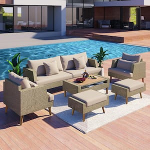 Brown 6-Piece Wicker Patio Conversation Set with Tea Table and Light khaki Cushions