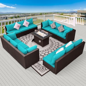 Luxury 13-Piece Patio Espresso Rattan Outdoor Sofa Set with Turquoise Cushions and 55,000 BTU Fire Pit Table