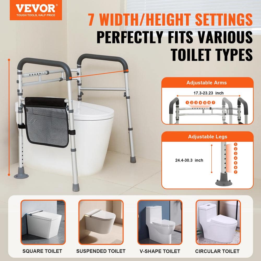 Adjustable Aluminum Toilet Safety Handrail with Storage Pouch