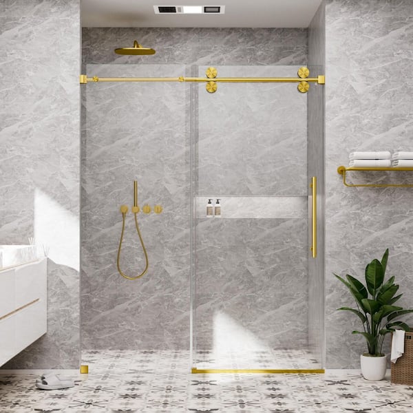 60 in. W x 80 in. H Single Sliding Frameless Shower Door in Brushed Gold with Smooth Sliding and 3/8 in. Clear Glass