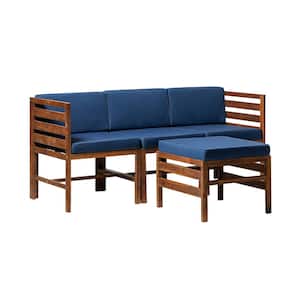 Dark Brown 4-Piece Acacia Wood Modern Modular Patio Conversation Set with Navy Blue Cushion