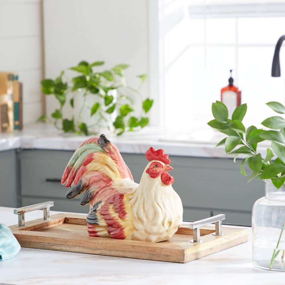 Multi-Colored Ceramic Rooster Garden Sculpture, 15" x 9"