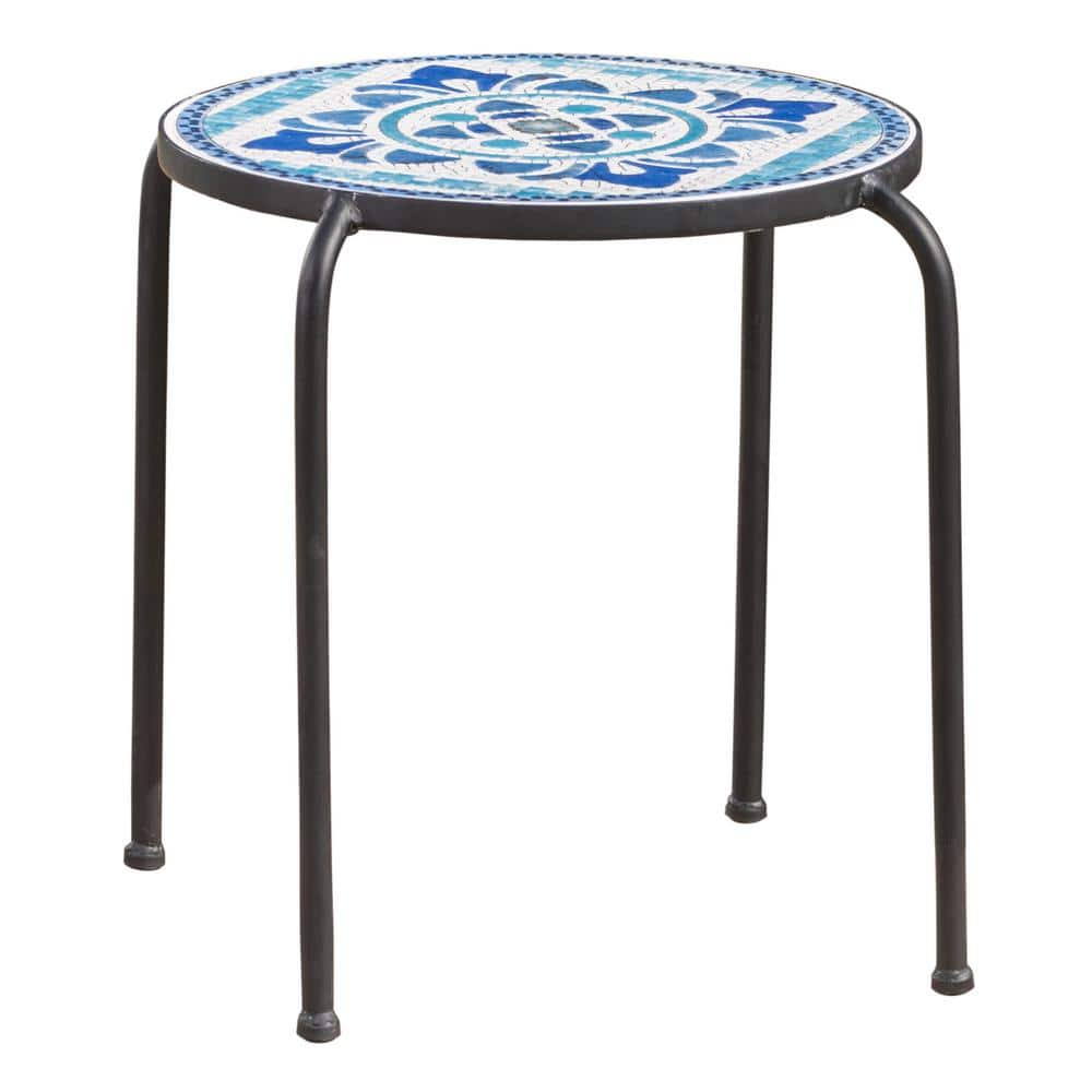 Outdoor Metal Plus Tile Round Side Table for Garden Patio Backyard White Pl