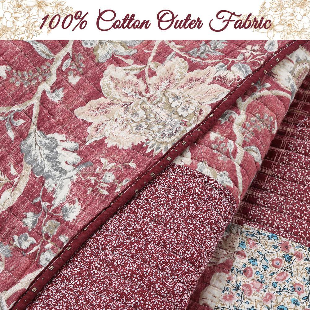 Romantic Red Floral Patchwork Cotton Reversible Queen Quilt Set