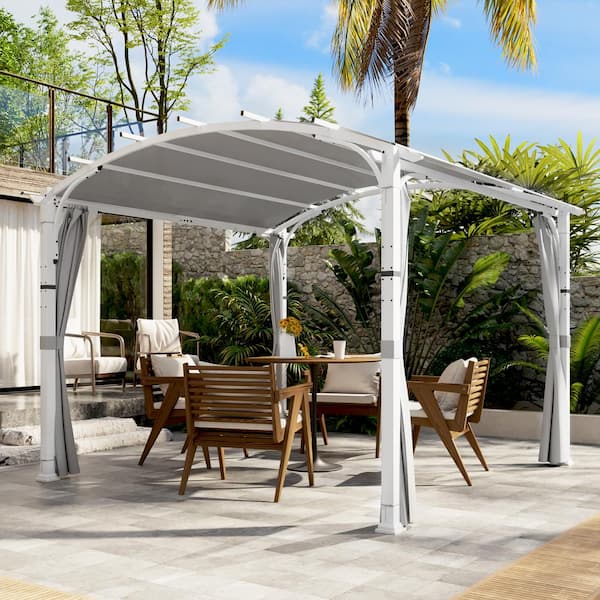 11 ft. x 11 ft. White Steel Arched Pergola with Gray Curtain and Canopy