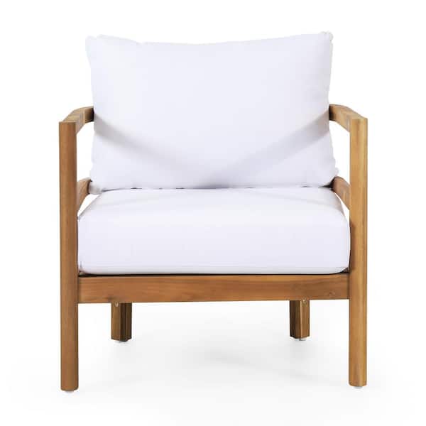 Misopily Classic Design Solid Acacia Wood Outdoor Lounge Chair with Open Slat Paneling in Water-Repellent Thick White Cushions