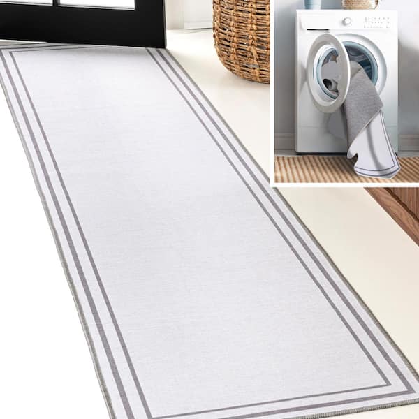 Sloane Classic 2-Stripe Border Washable White/Gray 2 ft. x 8 ft. Runner Rug