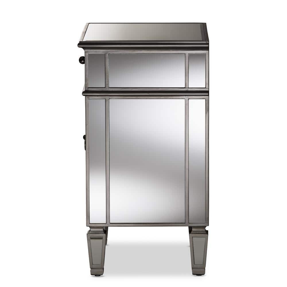 Claudia Silver Mirrored 1-Drawer Nightstand with Crosshatch Detail