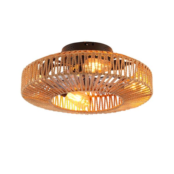 20 in. Brown Rope and Gray PC Blades Flush Mount Standard Low Profile Ceiling Fan Without Lights, Remote Control