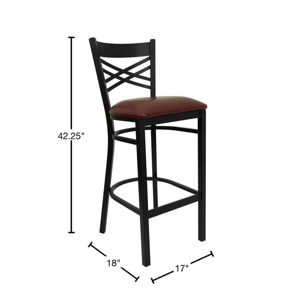 Cross-Back Black Metal Barstool with Burgundy Vinyl Seat