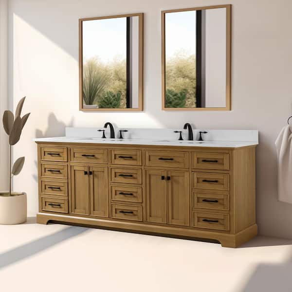 Milano 84 in Double Sink Oak Bath Vanity with White QuartzTop (Assembled)