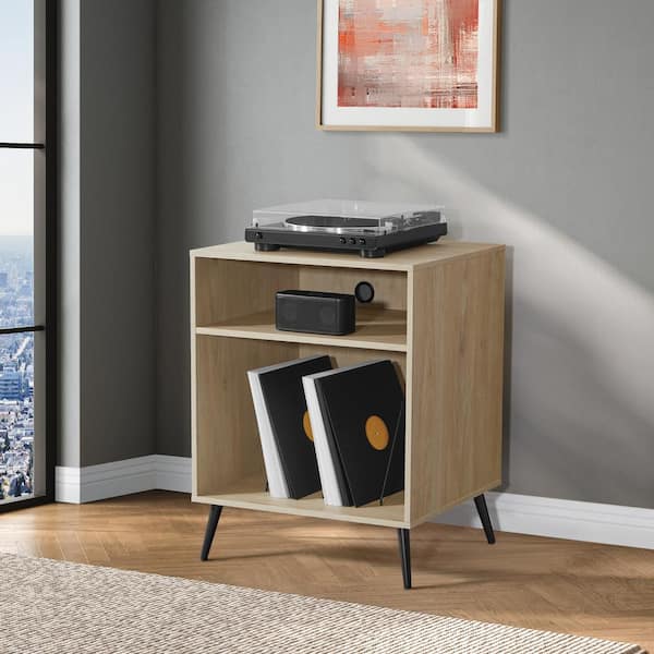 OSP Home Furnishings Retro Norwegian Alder Record Player Stand with Album Storage