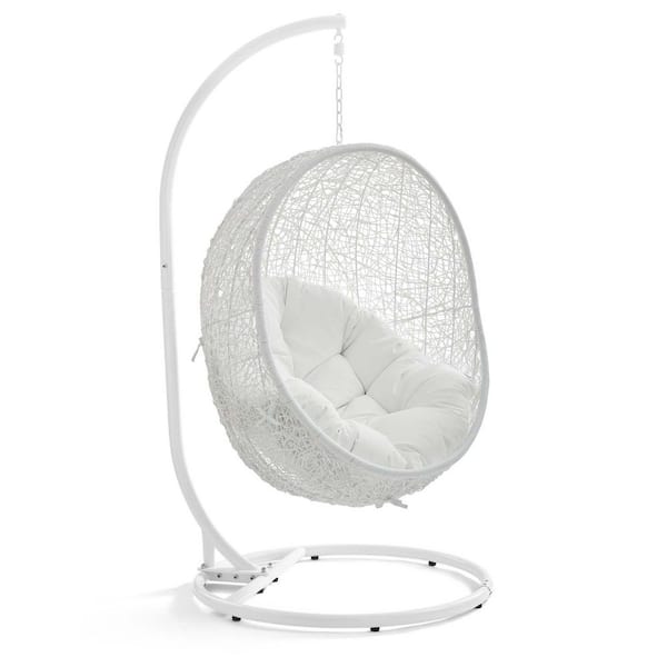 Hide Wicker Rattan Outdoor Patio Porch Lounge Egg Swing Chair Set with Stand in White