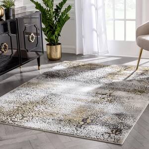 Grey with Gold Distressed Area Rug Glamorous Luxurious Velvety Rugs Affordable 